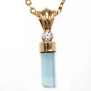 Aquamarine Crystal and Diamond 14k Pendant