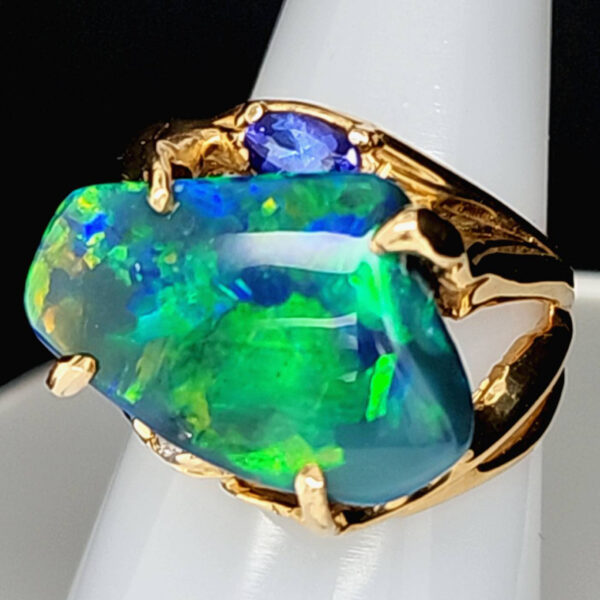 14k Black Opal, Tanzanite, and Diamond Ring